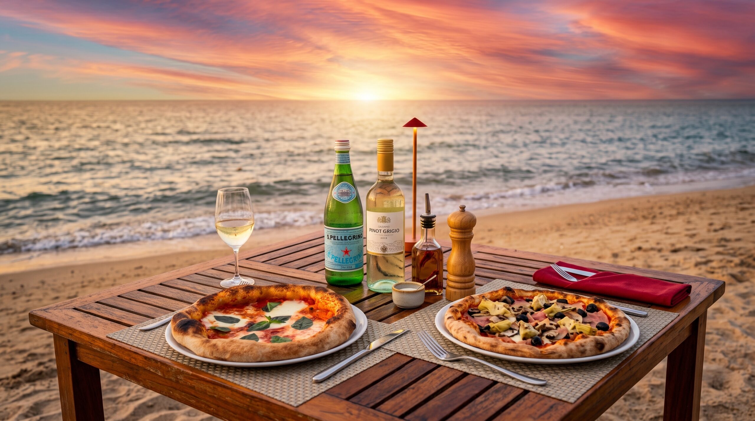 Margherita and vegetable wood-fired pizzas on a beach table at sunset at Gusto Italiano, Fisherman's Village, Koh Samui